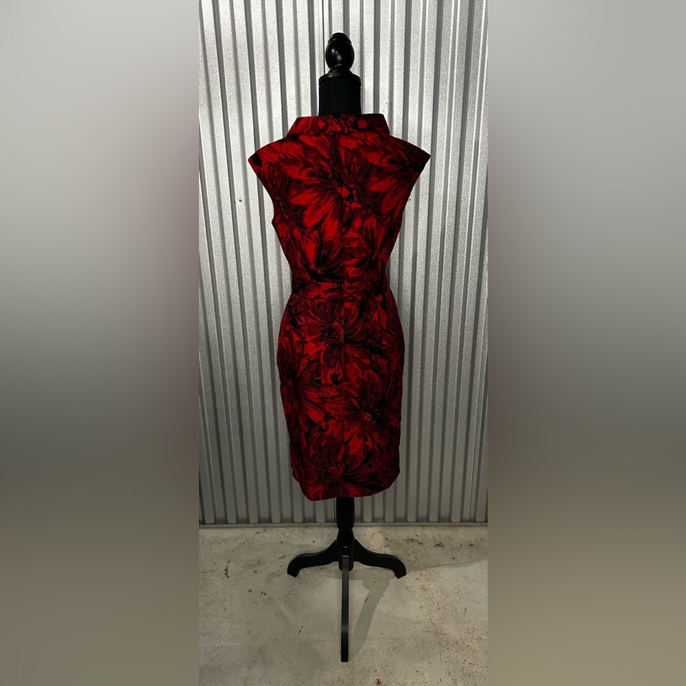 Women’s Designer Kay Unger Red Black Cotton Silk Floral Midi Designer Dress 6 - Picture 2 of 4